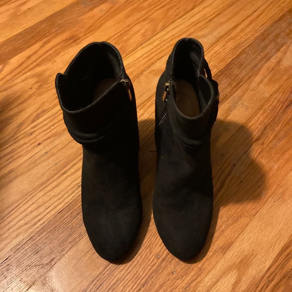Black Suede-like Ankle Boots with rope tassels and 4" heels